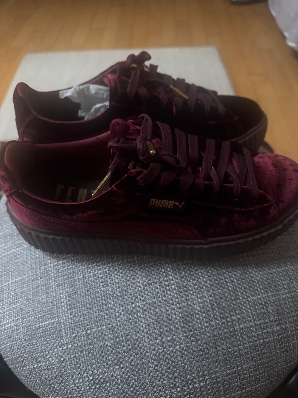 Fenty by Rhinna Puma Velvet Platform Sneakers - Burgundy with Gold Accents